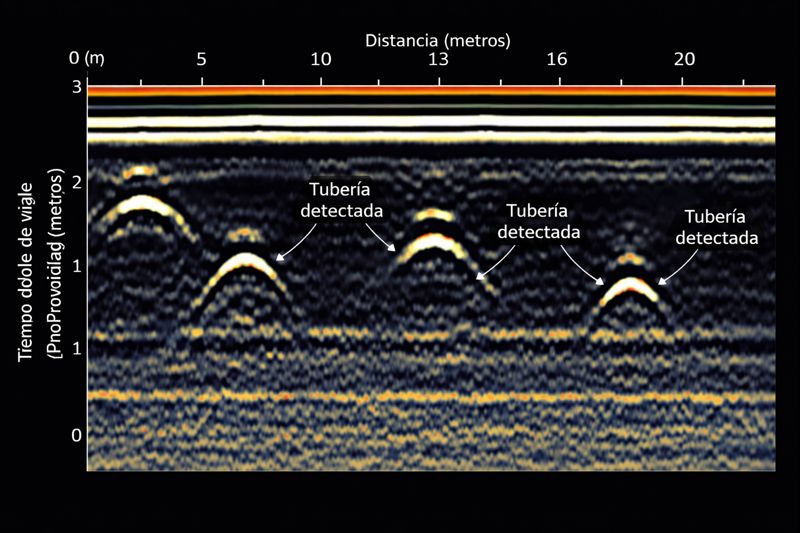 Radargrama GPR mostrando hipérbolas de tuberías detectadas bajo el pavimento